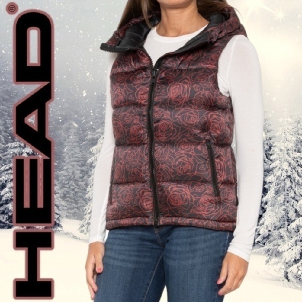 HEAD Rebels Star Phase Metallic Floral Print Duck Down Hooded Vest NWT/Sz 8